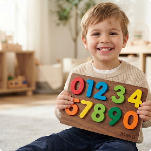 Child playing with a wooden number puzzle