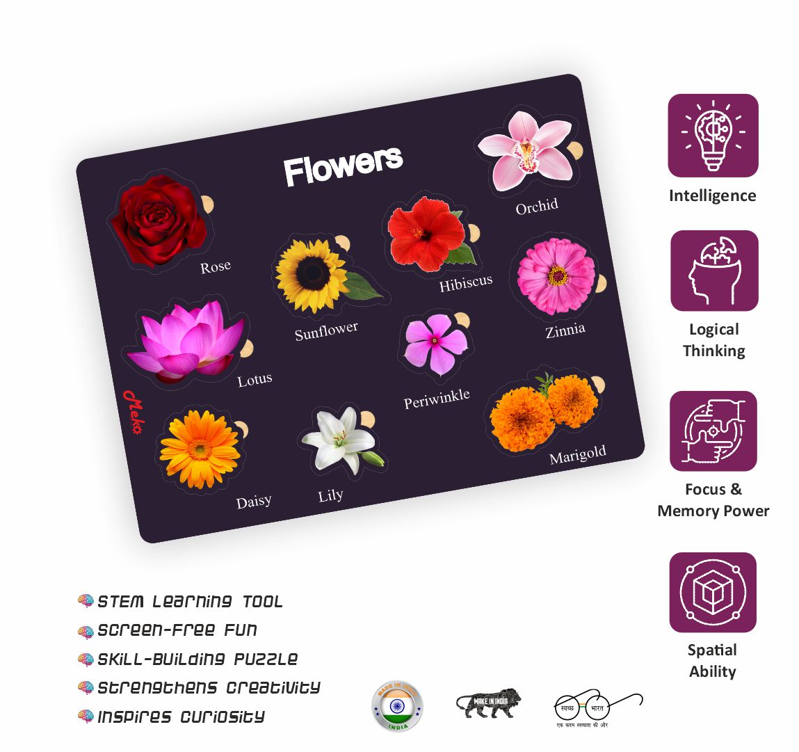 MEKO Flowers Wooden Knob Puzzle Board