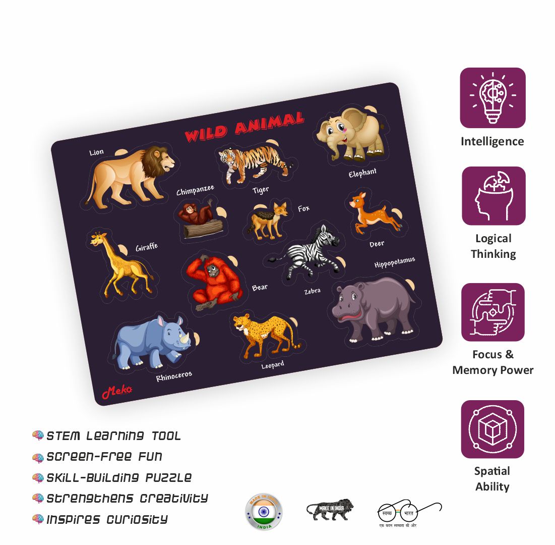 MEKO Wild Animal Wooden Knob Puzzle Board