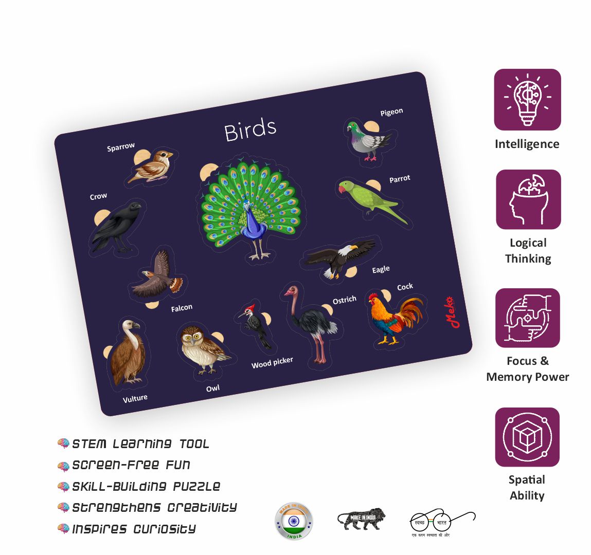 MEKO Birds Wooden Knob Puzzle Board